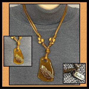 Hilary London Amber Fused Glass Pendant Beaded Corded Signed Art To Wear N126